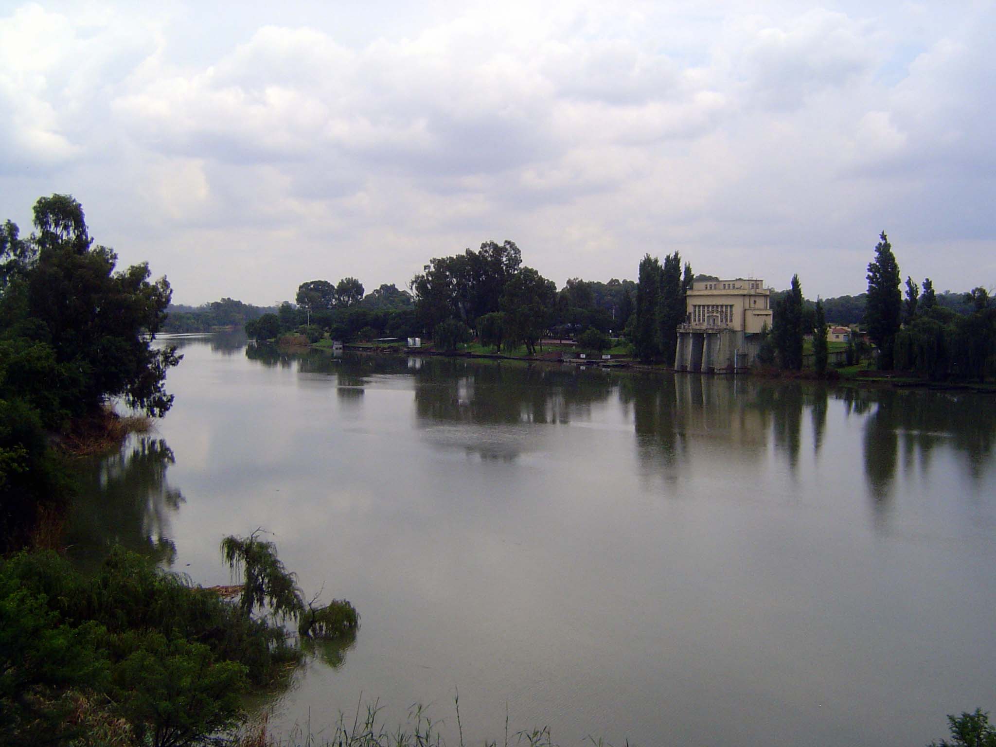 South of town, the road crosses the Vaal River. The headworks on the other side divert water to Johannesburg.