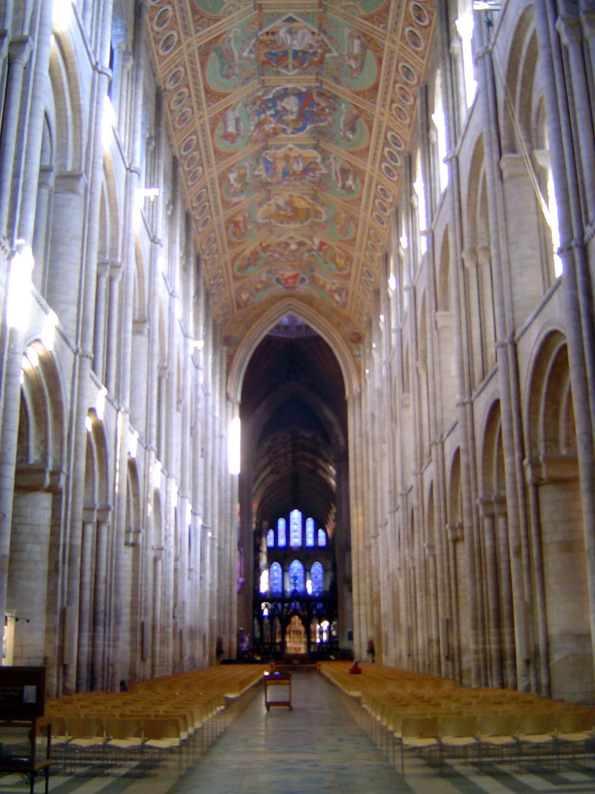The nave, shown here, is the oldest part of the church and was finished in 1170. The painted covering of the wooden-truss ceiling was done i