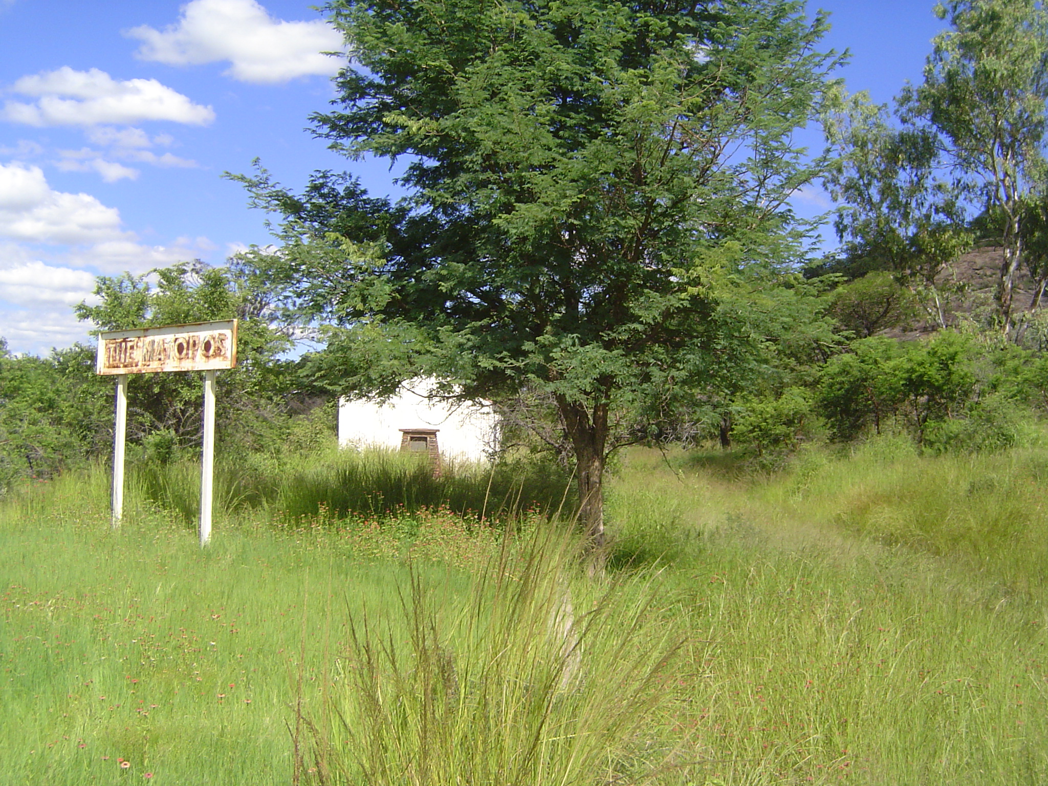 We've come ten miles outside town to an abandoned station called The Matopos. The track is gone, but the alignment can still be seen on the