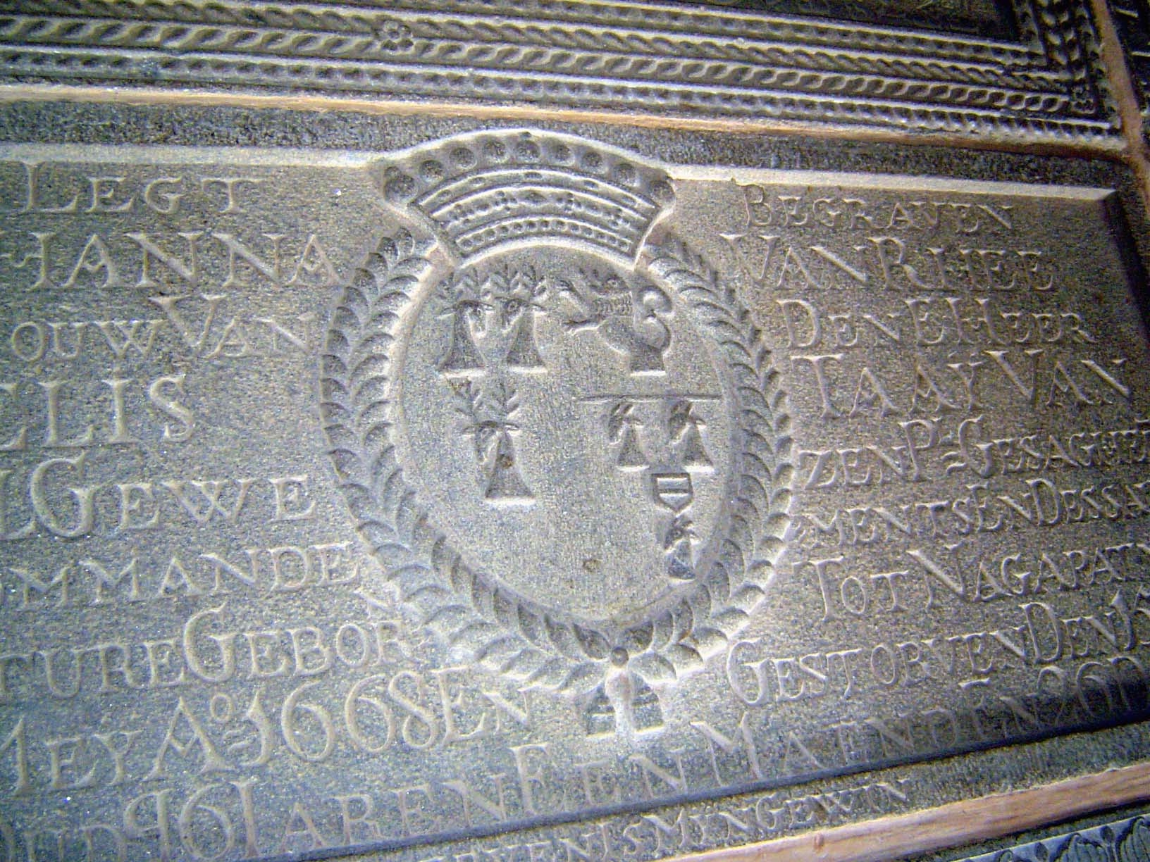 Here lies buried Johanna van Rhee, wife of Cornelis Taay van Wezel, retired Gezaghebber of this Commandement and Dissave of Matara. Born at