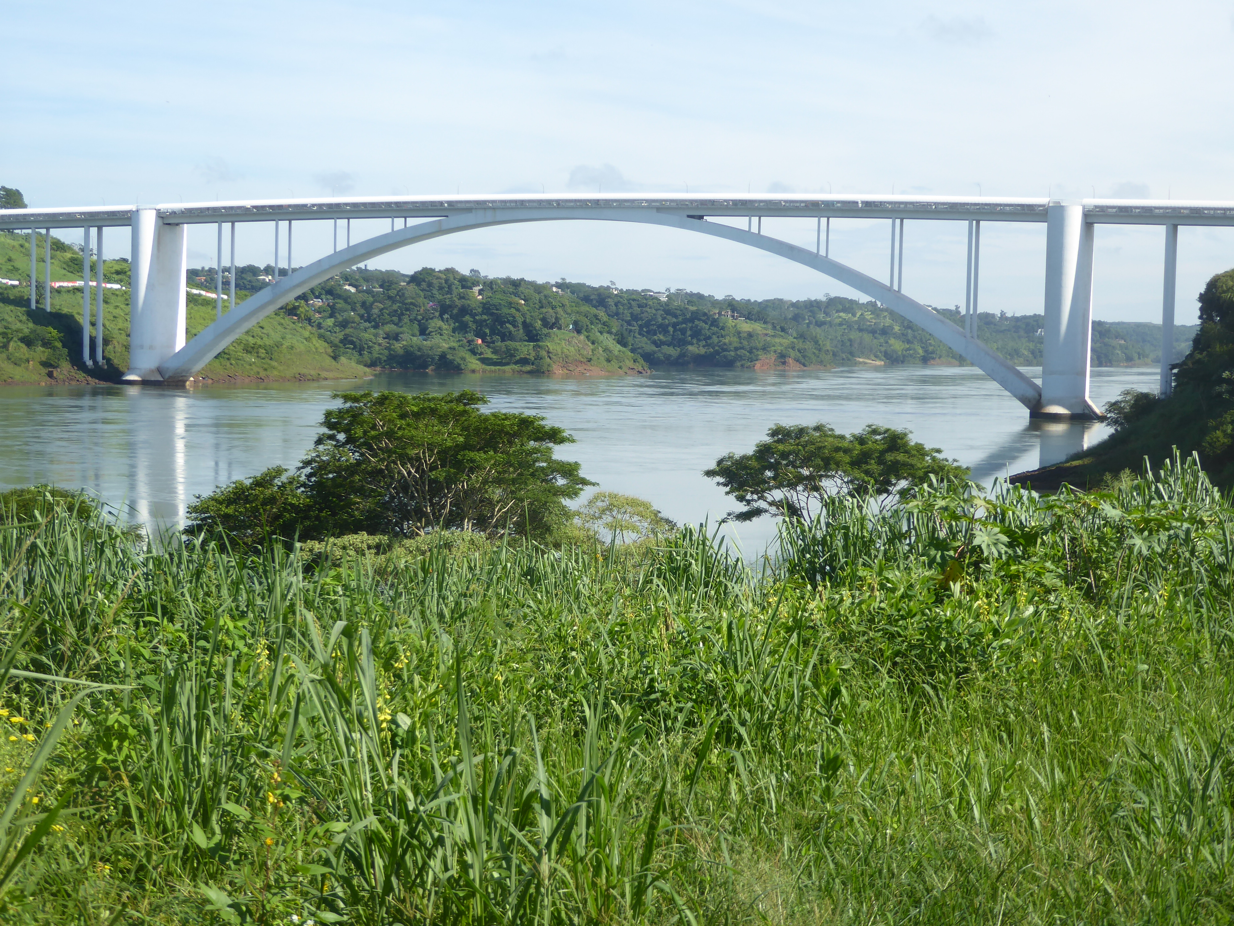 Here she is, bridged by the highway to Paraguay. The Itaipu Dam is half a dozen miles up to the right, so what you see is the water that's b