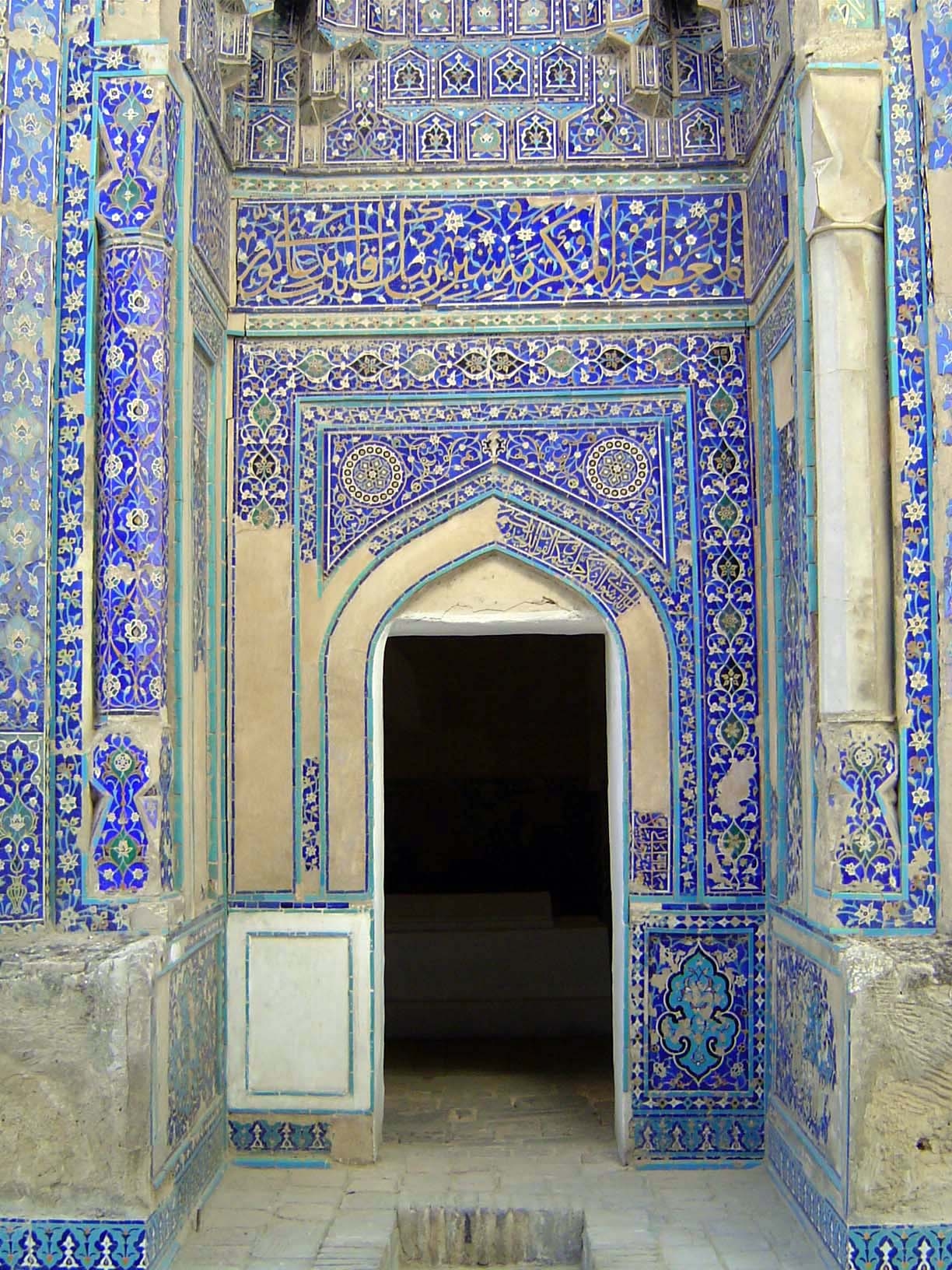 The tomb of Shirin Beg Aqa, a sister of Tamerlane 1385-6. Unlike the plate-like glazed tiles of Shad-e Mulk, this mausoleum is decorated wit