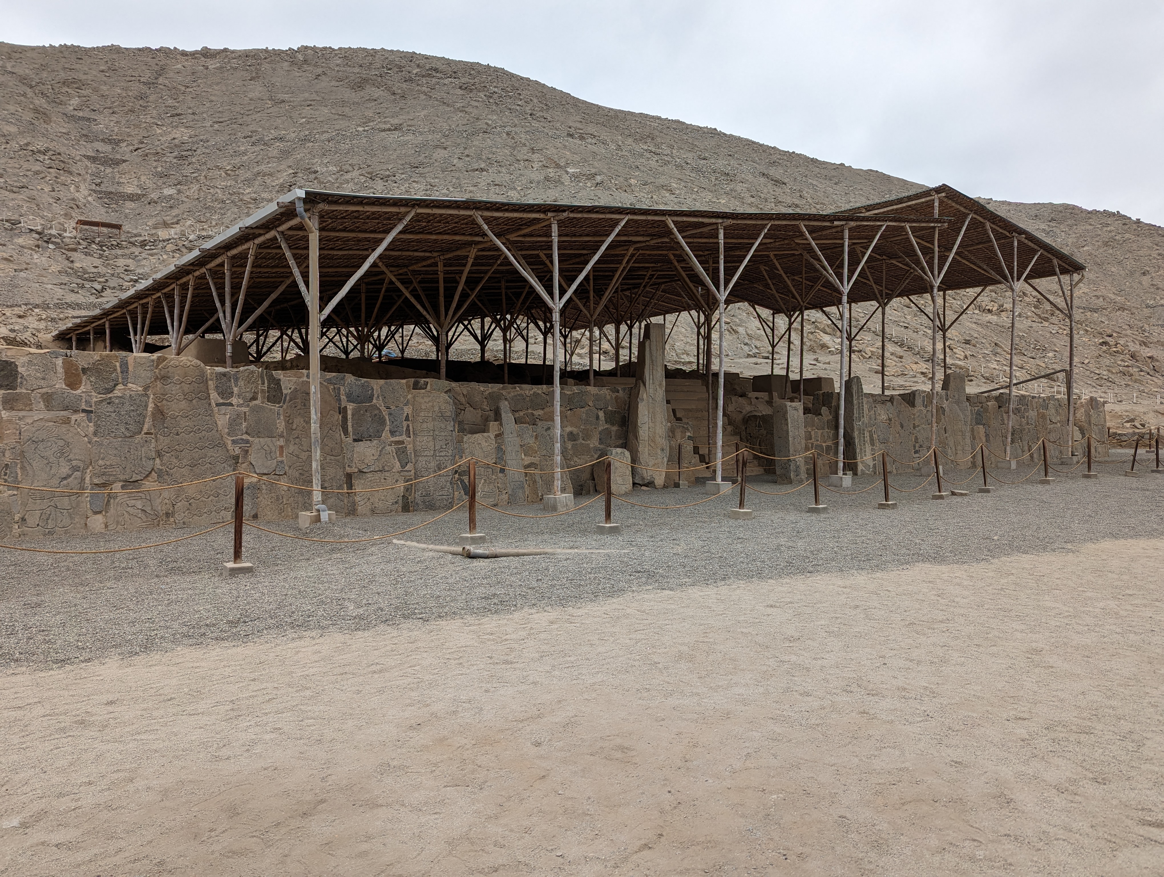 Cerro Sechín, a temple off limits to pedestrians who can do no more than walk around three of its exterior sides.