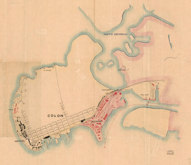 Plan de Colón in 1850.  Cristobal is in pink, whilc the railroad quarters are out at Aspinwall or what some people called "the beach" at the