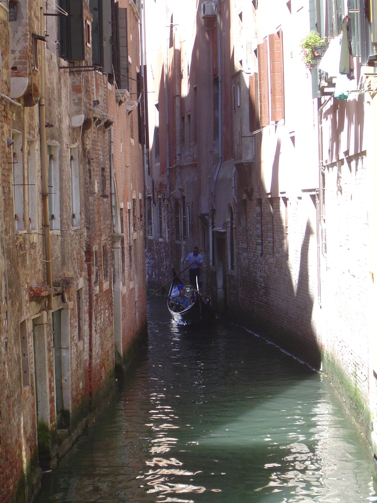 A gondola emerges from the shadows and dapples.