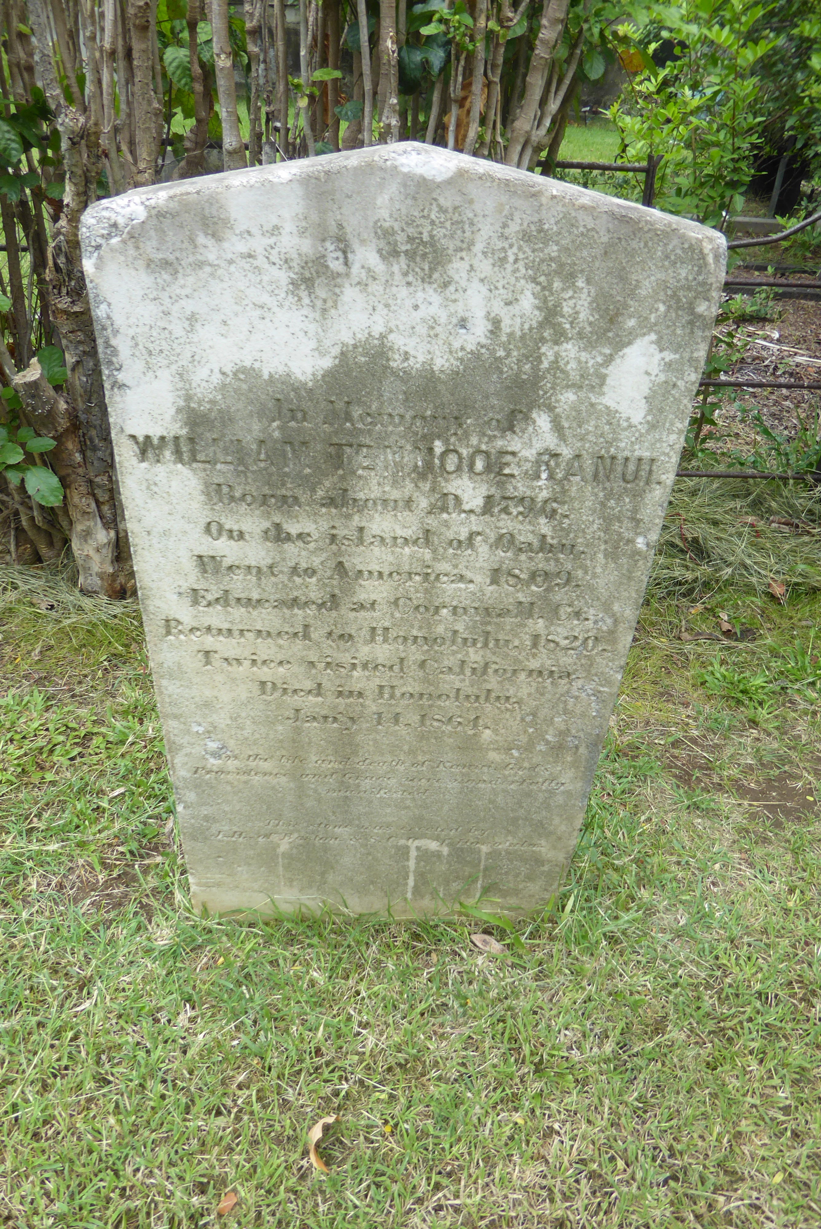 The small nearby cemetery contains this tombstone of one of the first native Hawaiian converts. Educated in the states, Kanui returned to Ha