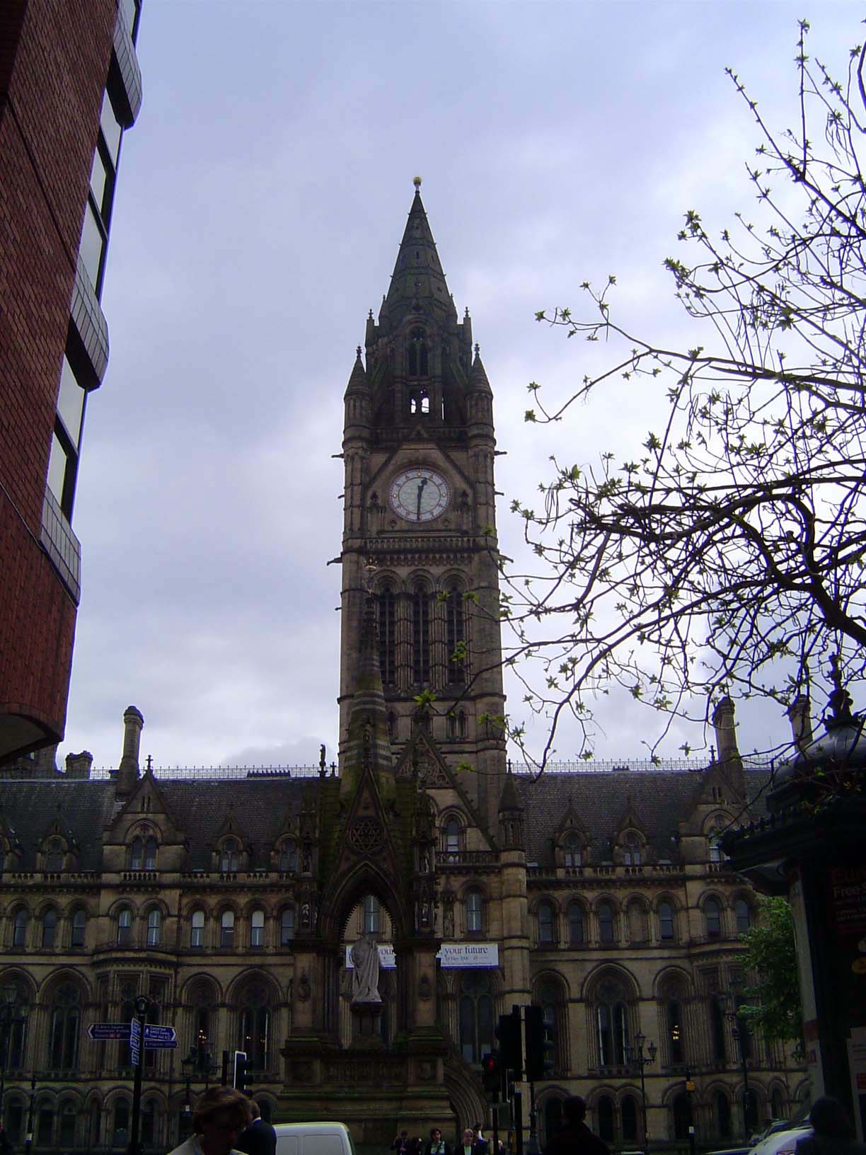 The front side of the town hall, 1868-77, designed by Alfred Waterhouse in what has been called Wagnerian Gothic.