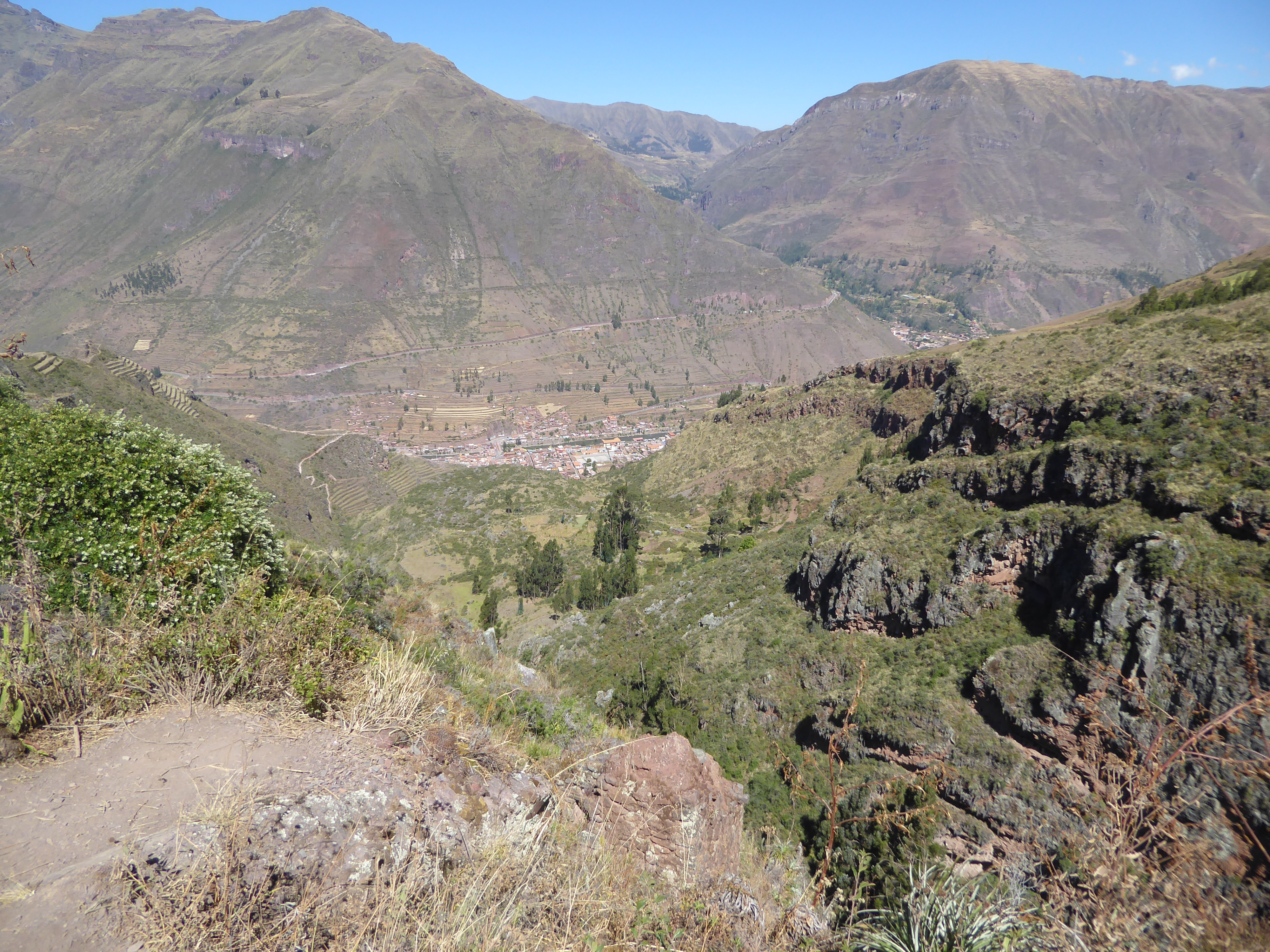 The picture a moment ago of the Urubamba Valley came from that road you see curving up the opposite slope and heading to Cusco. The town on
