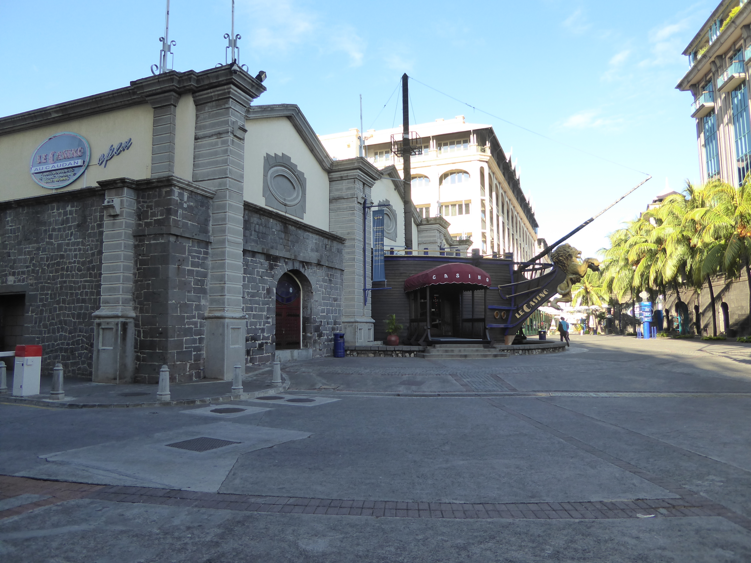 A hole in a fake hull leads to the Port Louis casino.