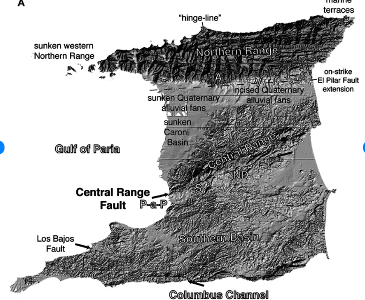 You can see why the beaches are different.  The muddy one is at the edge of that sunken Caroni Basin.

https://www.researchgate.net/figure/A