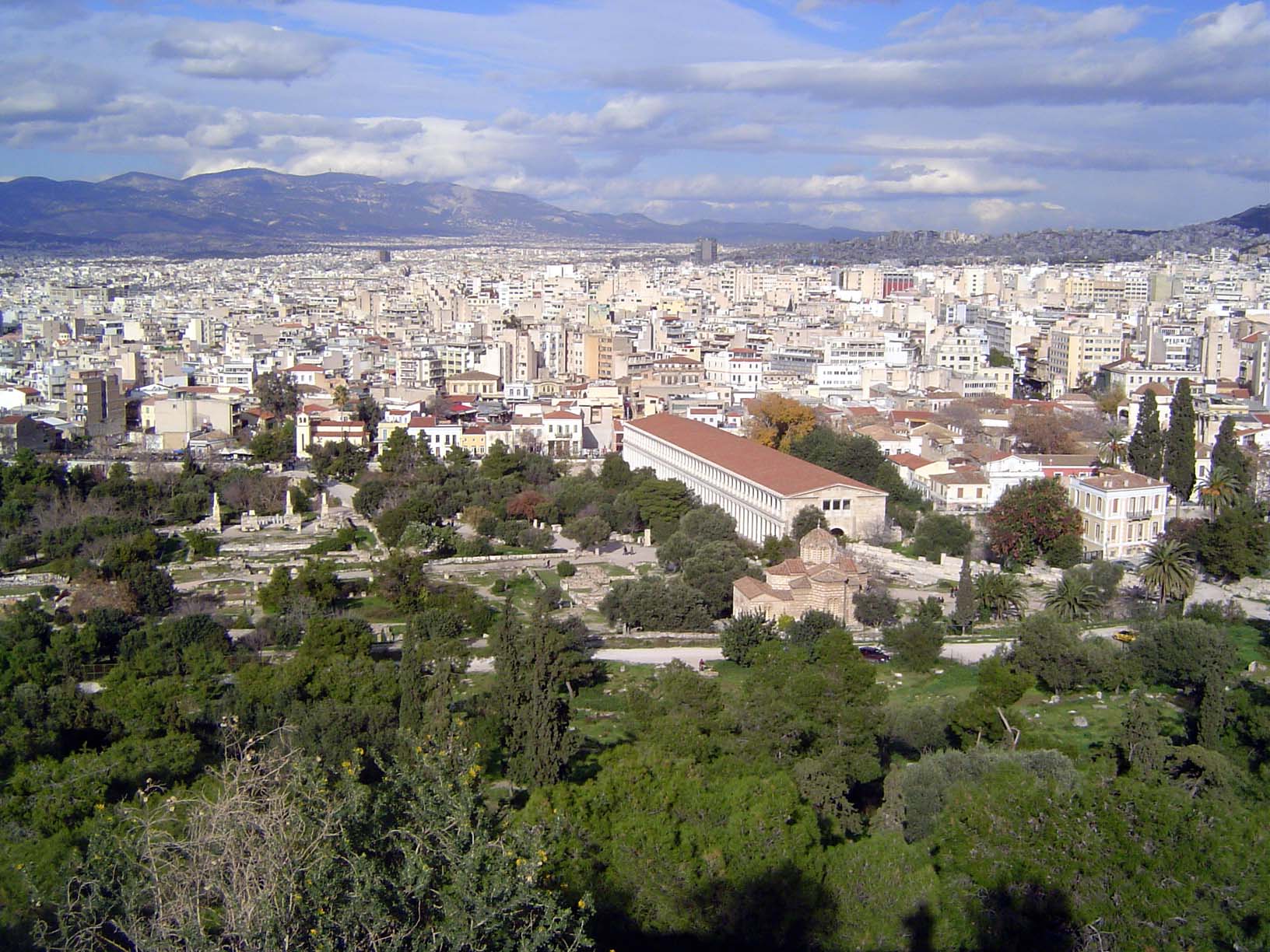 The view down to the Agora, with a recently reconstructed stoa or shopping center on the right.