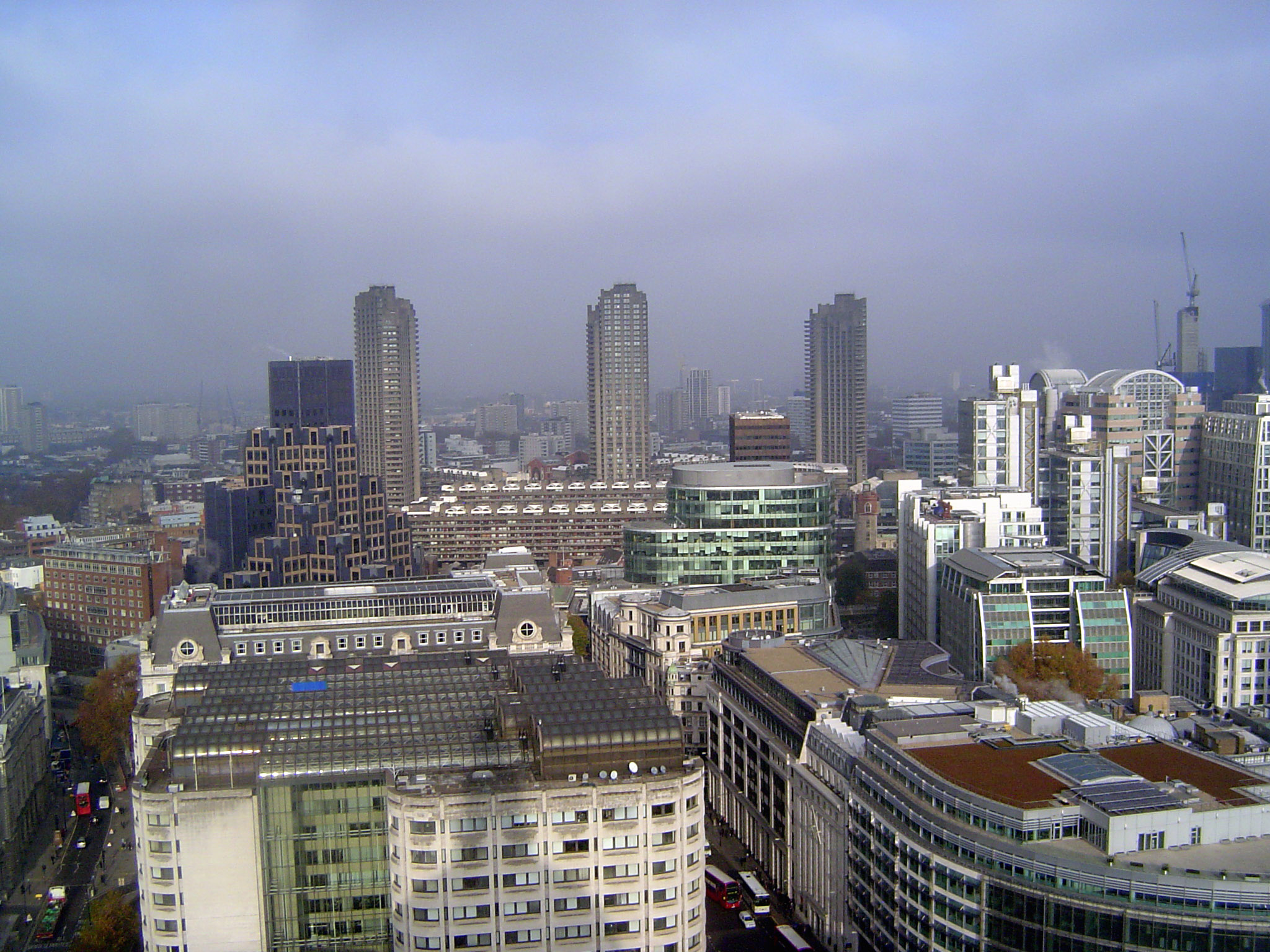The view north to the three towers of the Barbican Estate, London's first experiment with highrise apartments.
