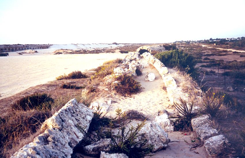 The old aqueduct is on the far left. In the center is a newer, larger-capacity, and once-covered aqueduct built in the fourth century, when
