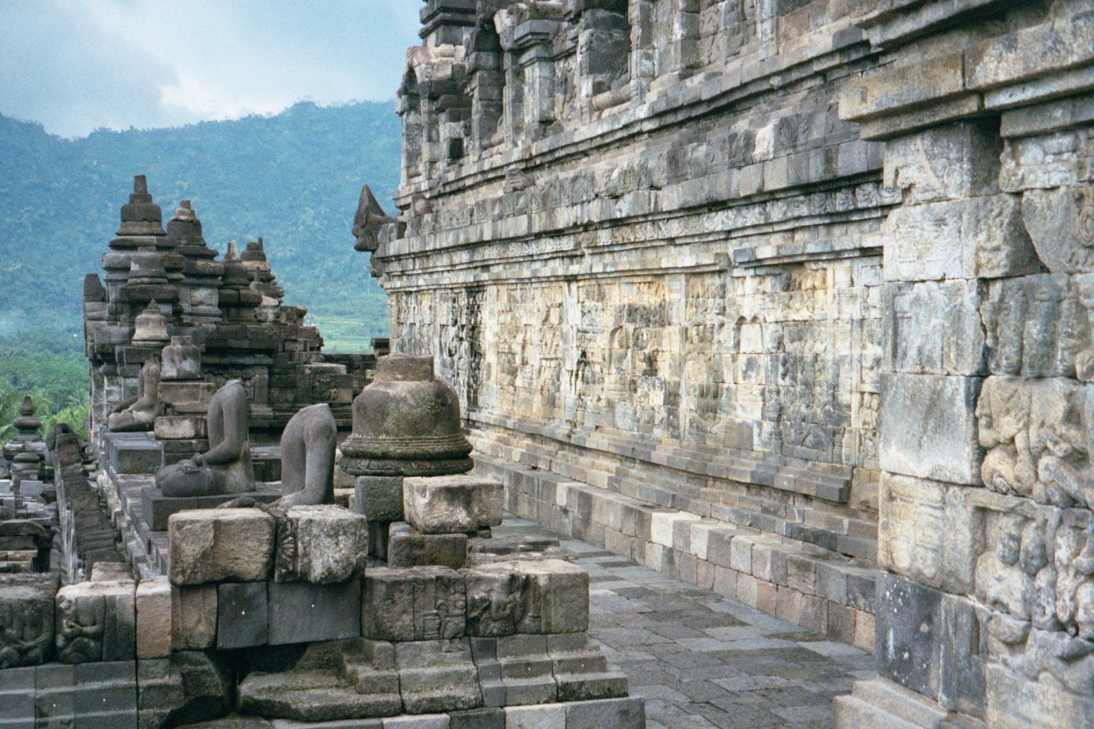 The walkway around one of the square terraces. Both sides of the walkway on all four levels are covered with reliefs. All together, there ar
