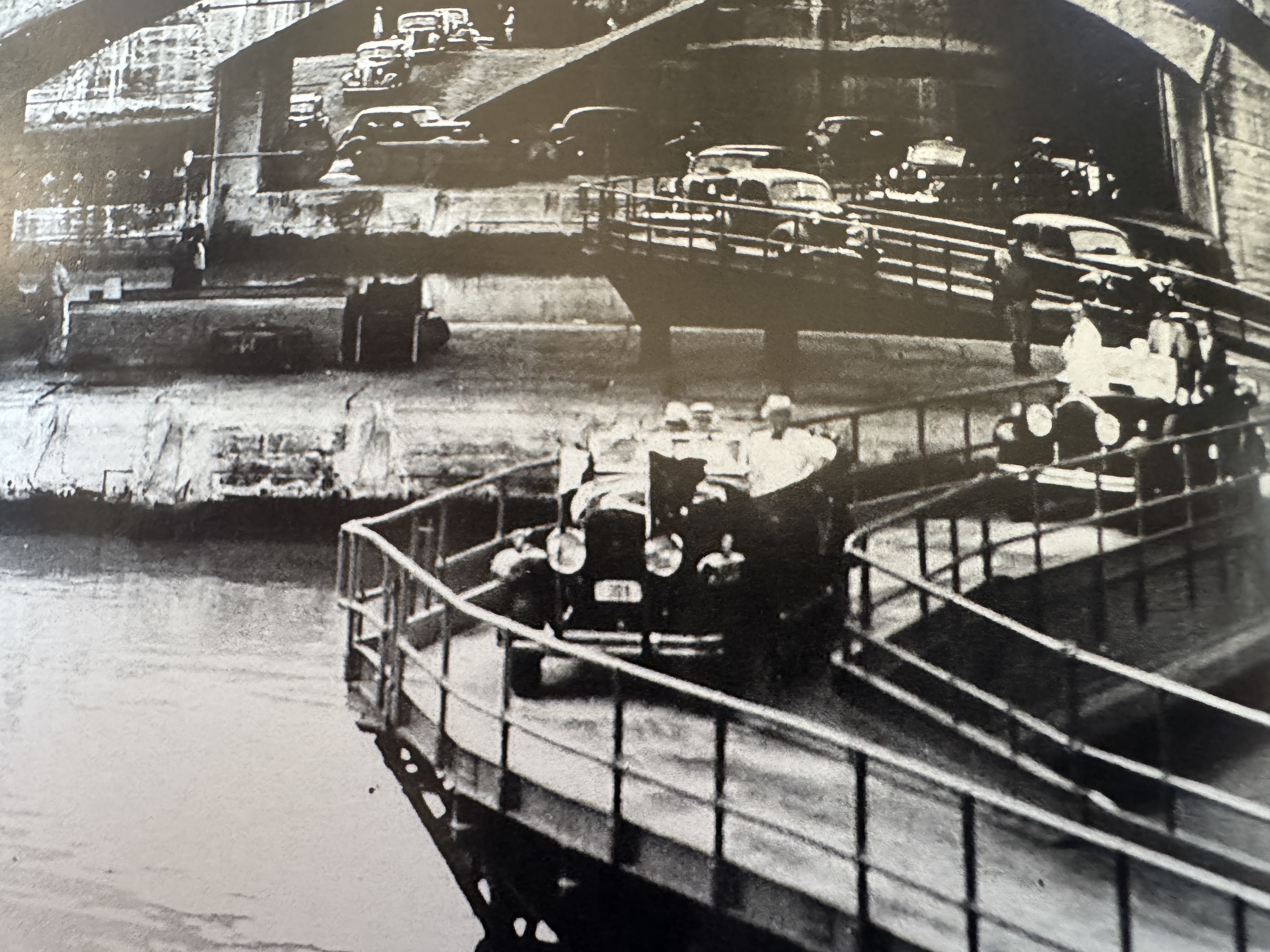 Early motorists took ferries across the Canal, but in 1935 they could also drive on top of the miter gates.  Today?  Fat chance.  You're stu