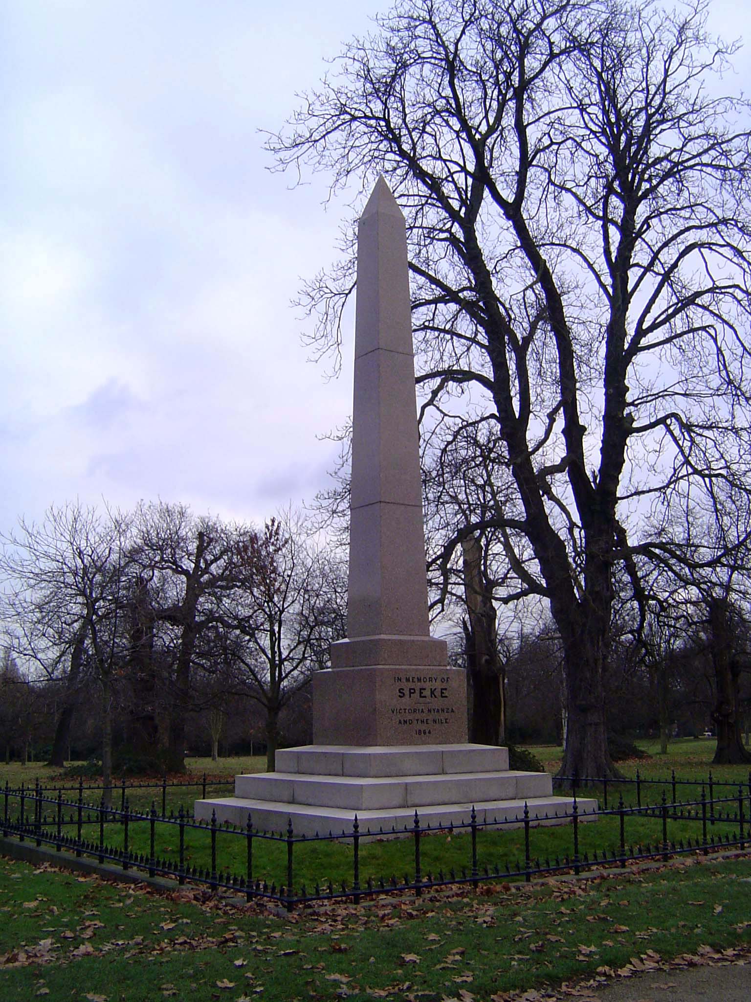 It reads: "In memory of Speke. Victoria Nyanza and the Nile 1864." That was the year Speke shot himself, presumably accidentally. Two years