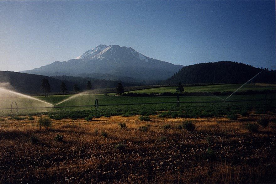 Mt. Shasta rises behind side-roll sprinklers marching across a field northeast of Weed, California.