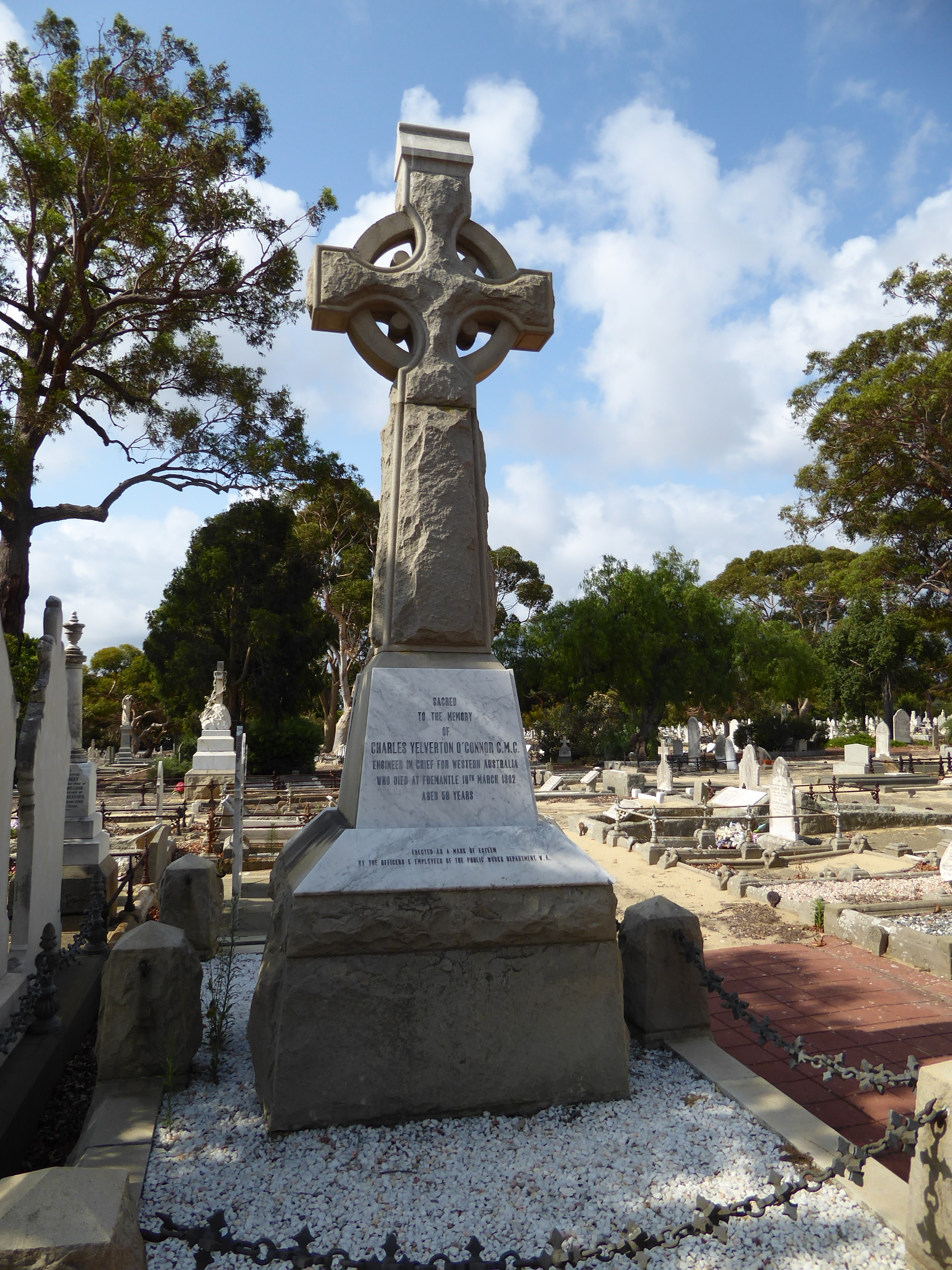 Just a hop, skip, and jump to the town's large cemetery, which includes this monument to Charles Yelverton O'Connor, the engineer who design