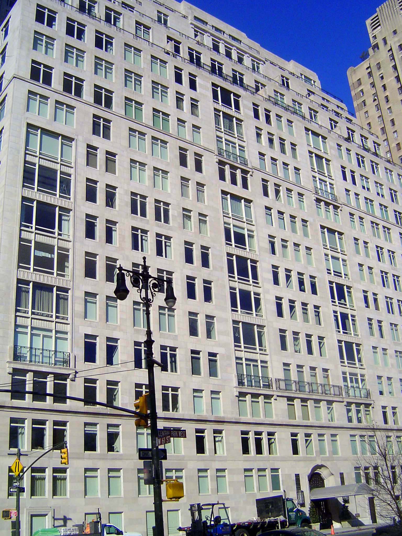 Just to the north and much less obtrusive, Robert A.M. Stern's 15 Central Park West stands on part of the site of the former Mayflower Hotel