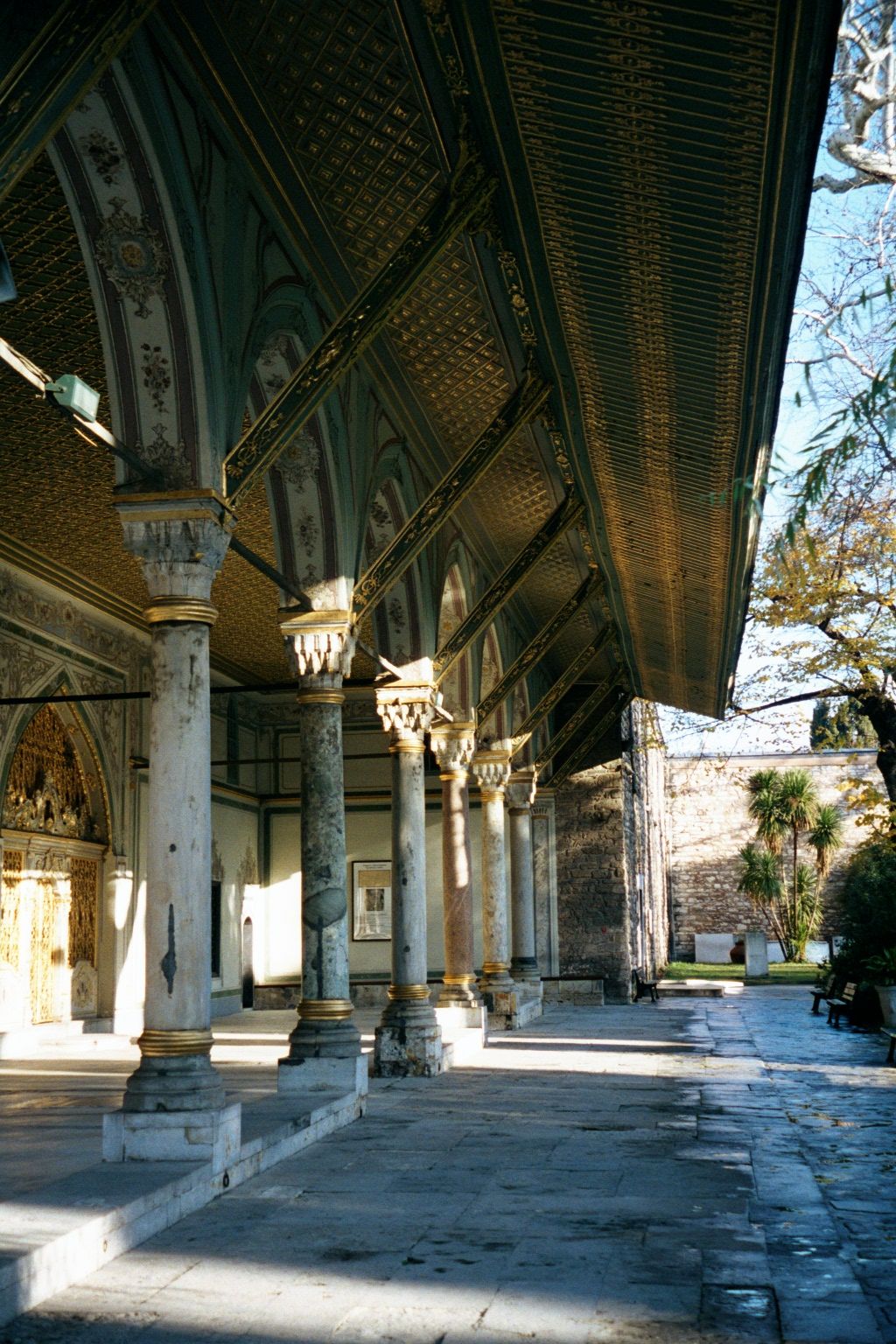 The porch of the council hall, with the entrance in early-morning light.