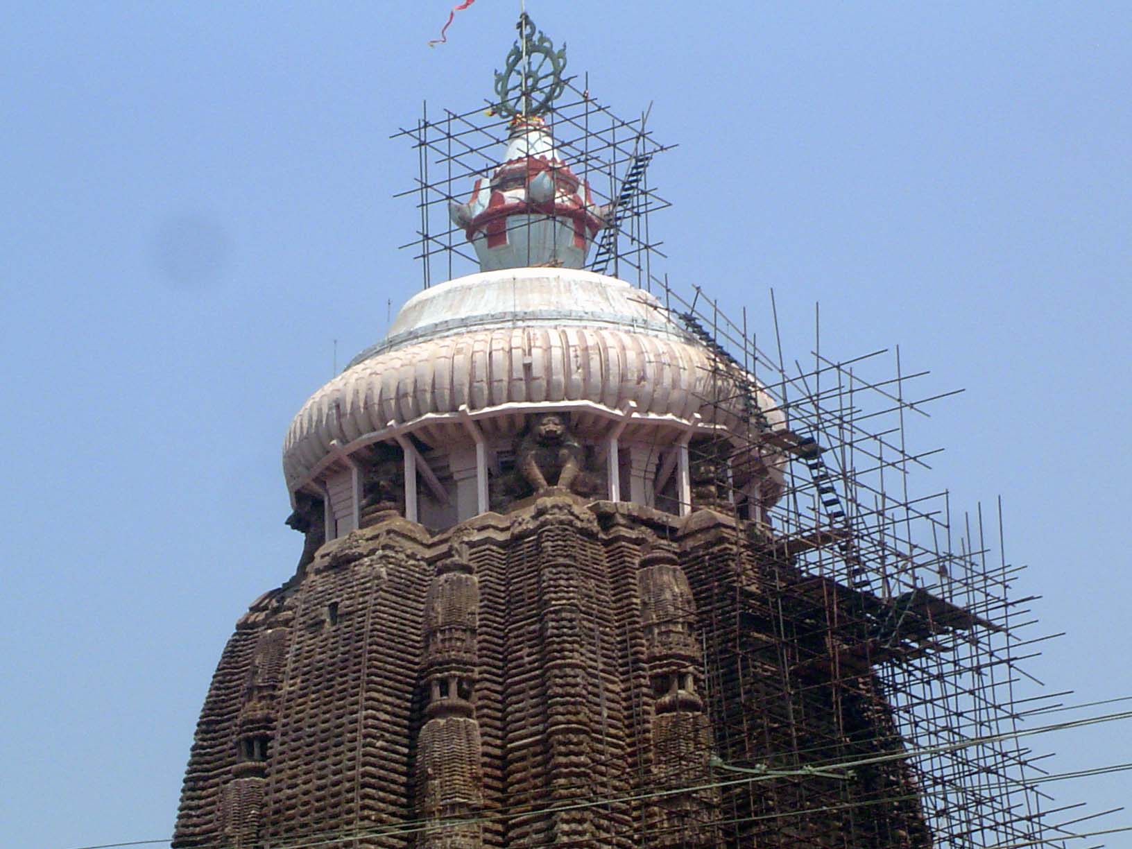 The scaffolding ladder gives a vertiginous sense of the tower's height.