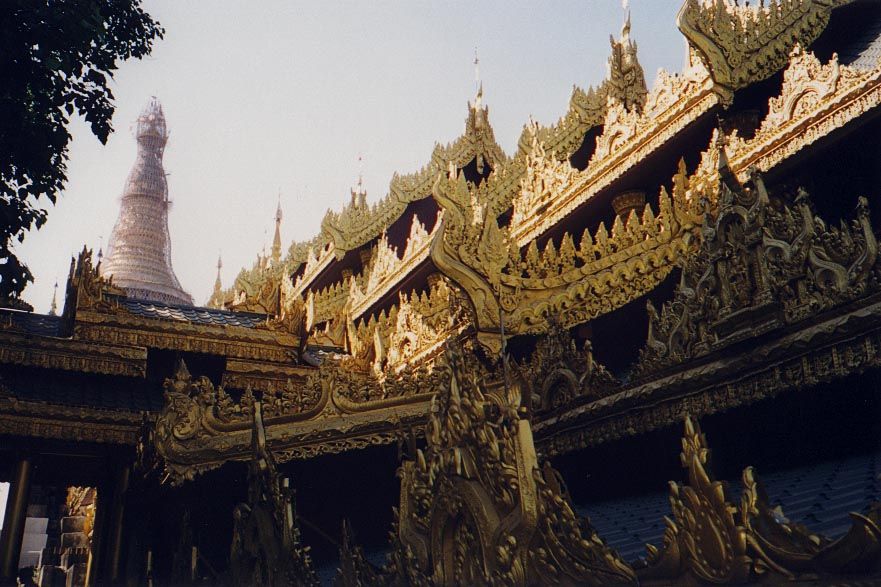 The approach to the pagoda is along covered avenues lined with shops and roofed as garishly as means allow.
