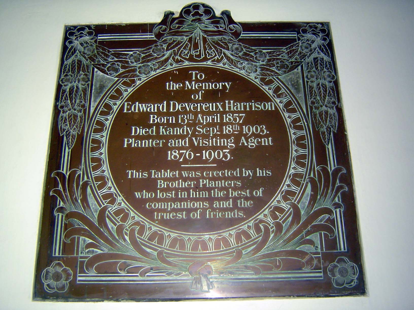 Inside, a plaque to a visiting agent. The phrase "truest of friends" may well be accurate, but visiting agents were inspectors sent by absen