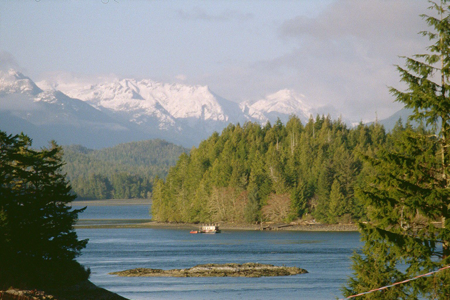 With the mountains of Strathcona Park in the background, the view here is east over Tofino Inlet, which wraps the east side of the peninsula