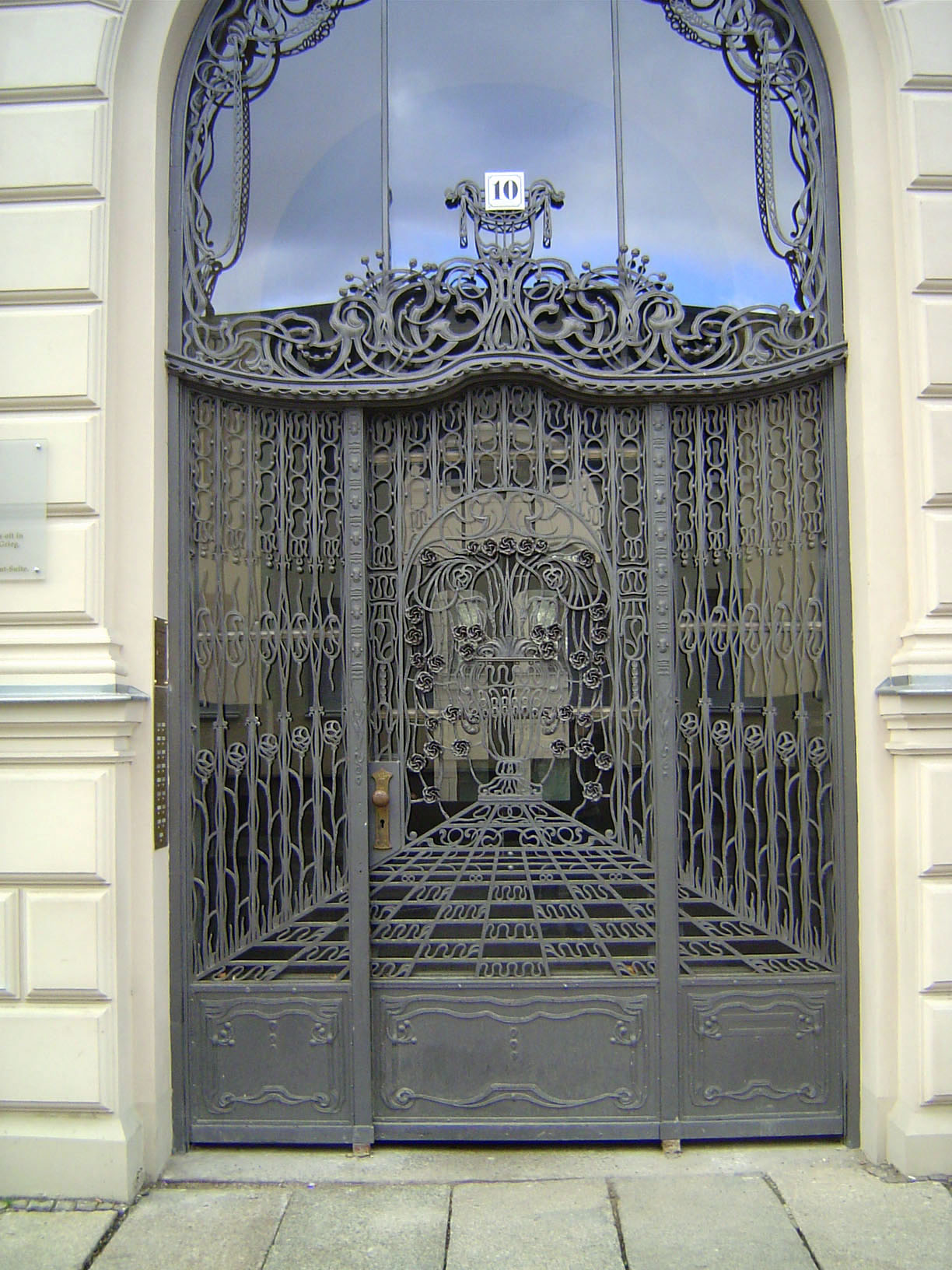 Wrought-iron entrance gate.