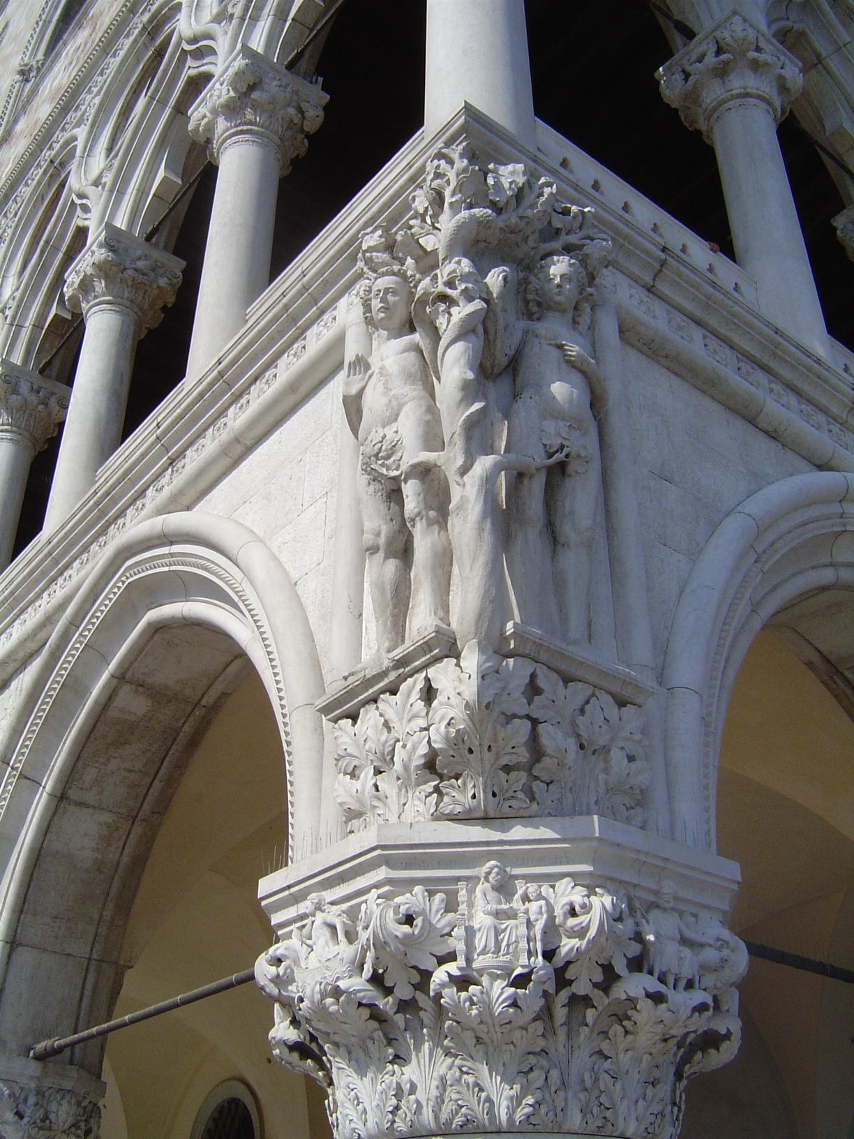 We're at the far end of the Doge's Palace, the corner where the long facade meets the water. This is what Ruskin called the Fig-tree Angle,