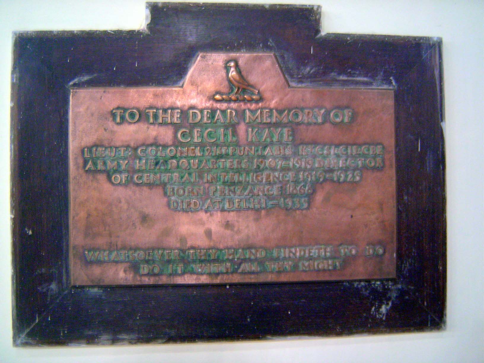 A memorial for Cecil Kaye 1868-1939, the father of M.M. Kaye, the author of The Far Pavilions. He is lovingly described in her memoir, The S