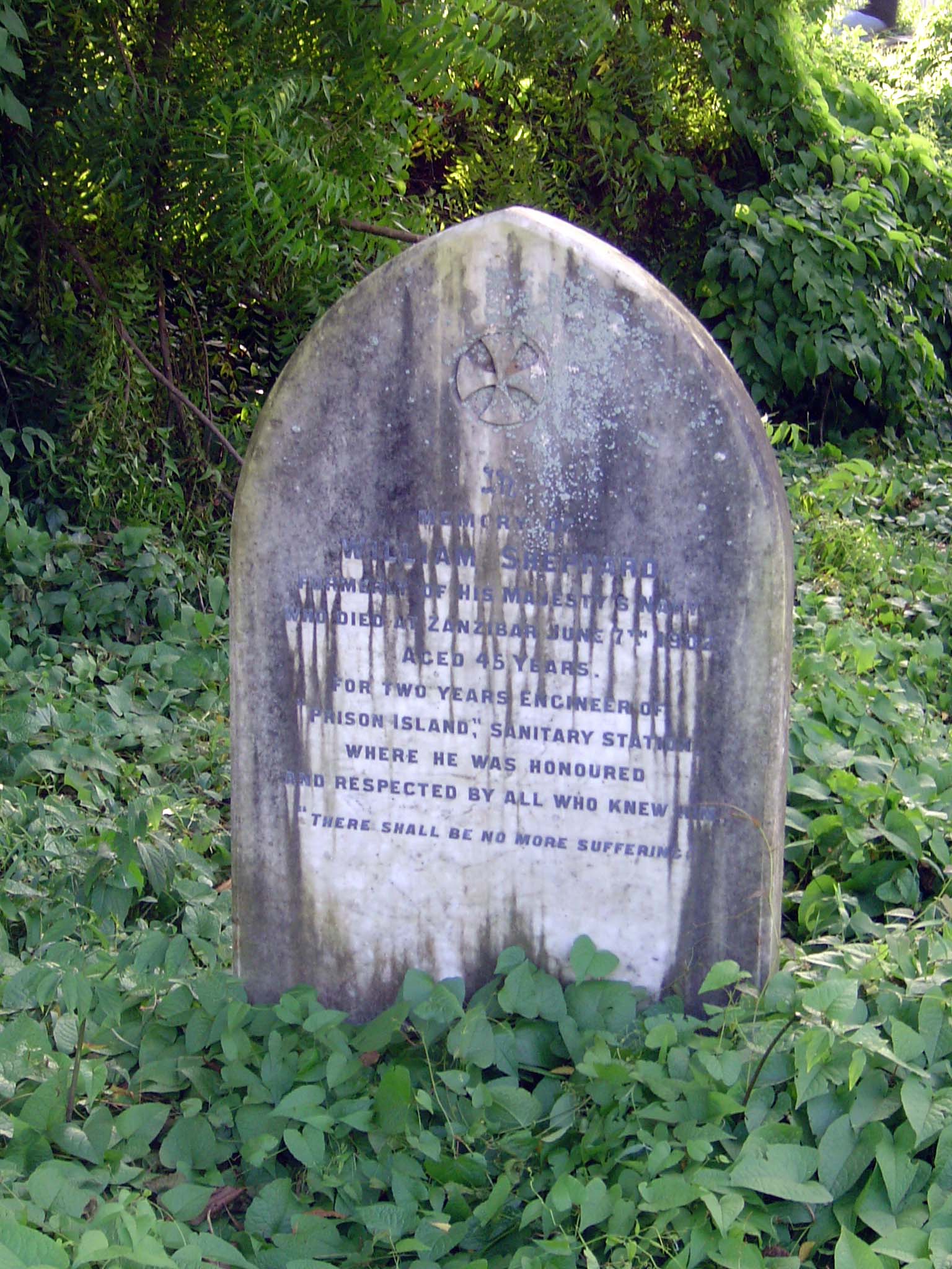 In memory of William Sheppard, formerly of His Majesty's Navy, who died at Zanzibar June 18th, 1902, aged 45 years. For two years engineer o