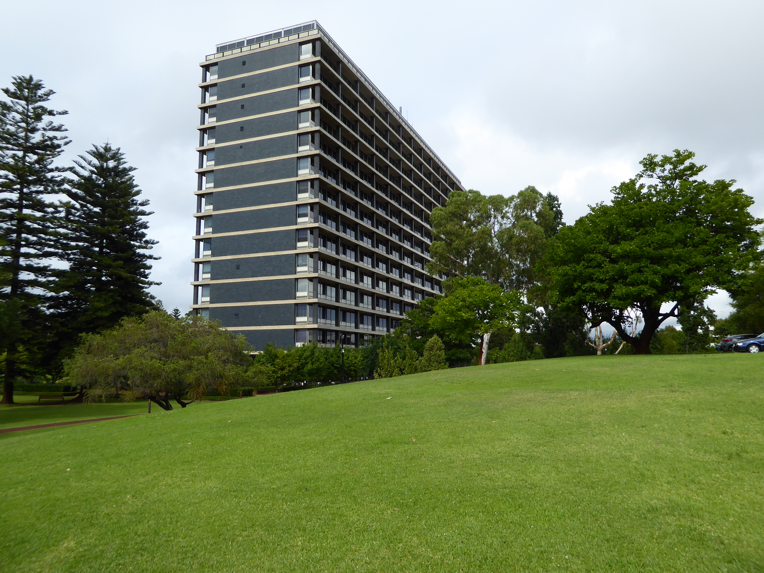 This is the Dumas House, completed in 1965 near Parliament House and intended for staff offices. The premier at the time, David Brand, said
