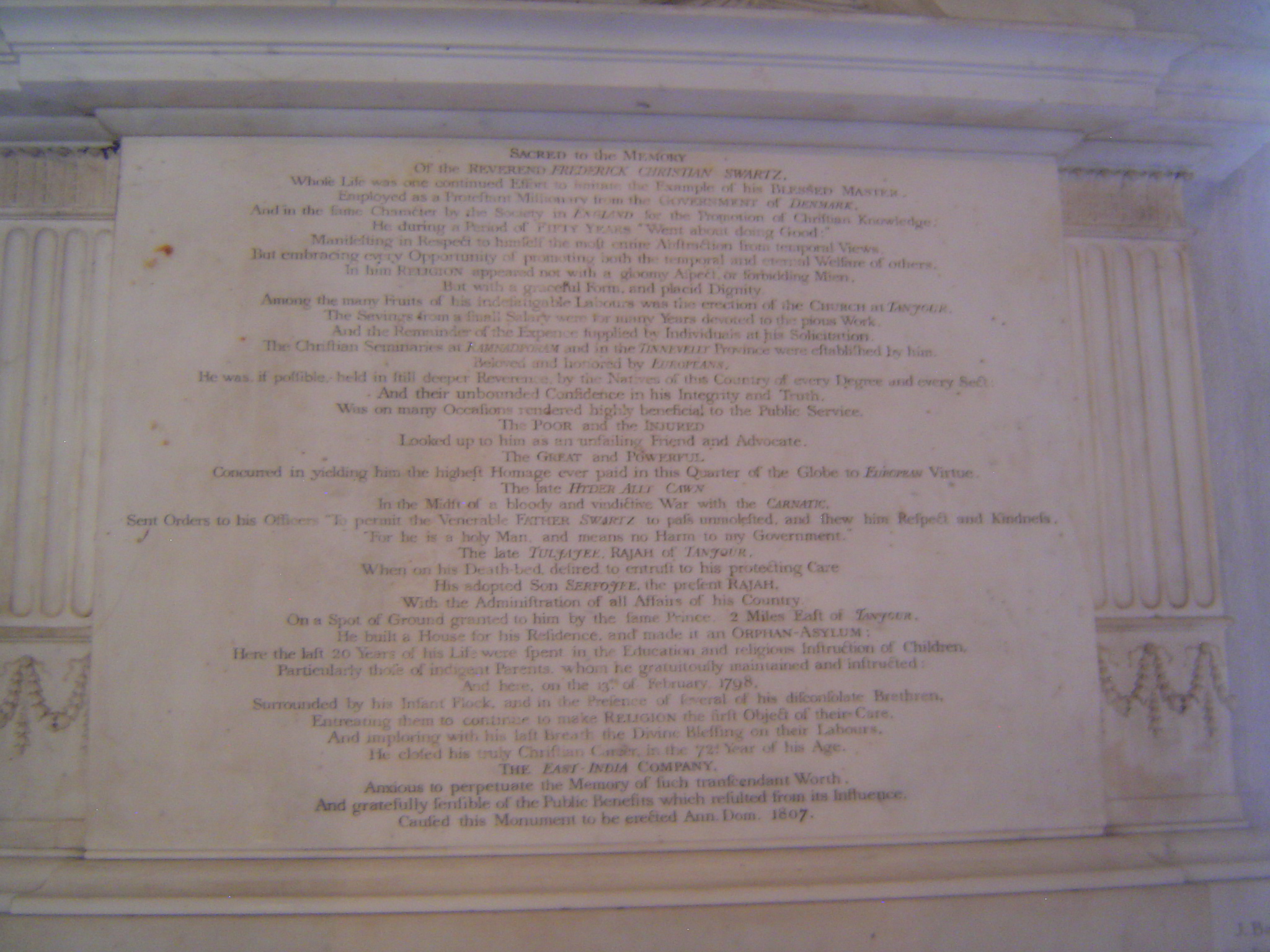 The caption reads in part: "Sacred to the memory of Rev. Frederick Christian Swartz, whose life was one continued effort to imitate the exam