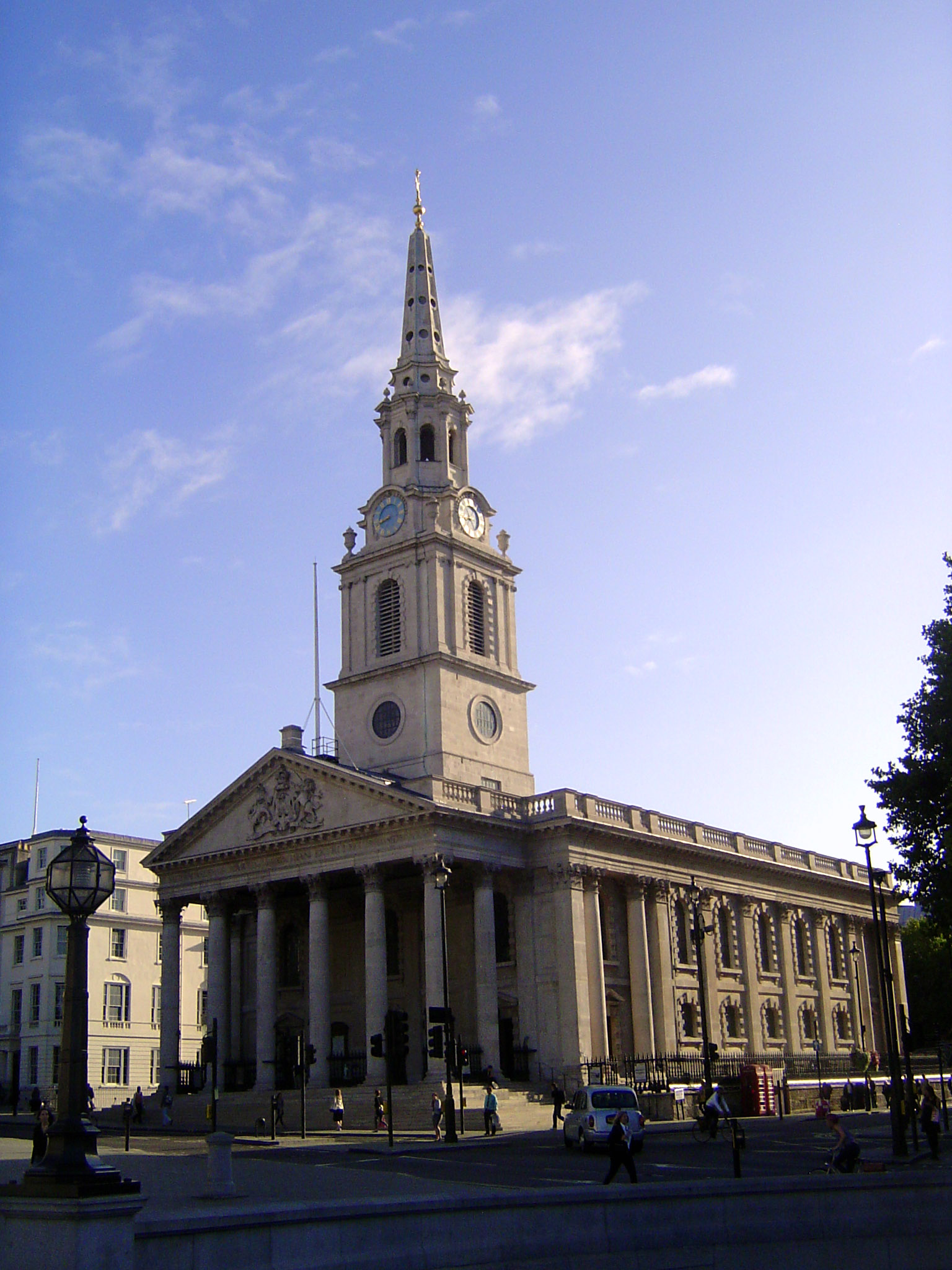 Two miles and one bend of the Thames to the west, St. Martin-in-the Fields, at the northeast corner of Trafalgar Square, was completed three